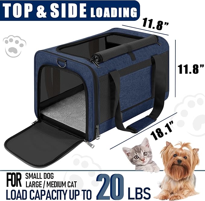 Soft-Sided Pet Travel Carrier | Up to 20 lbs | 5-Sided Mesh Ventilation | Navy