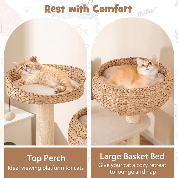 Tangkula Modern Cat Tree — Handmade Wicker Condo, Sisal Posts, Top Perch & Hanging Toy (41")