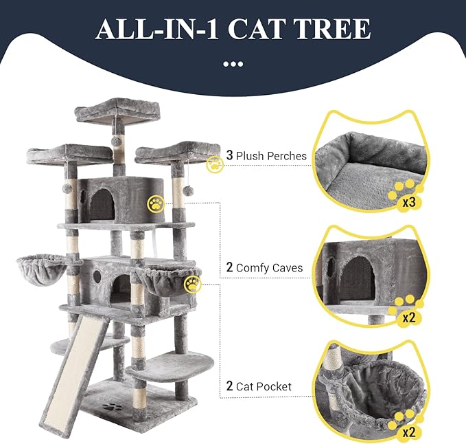 Allewie 68" Large Cat Tree — Multi-Level Climbing Tower with Condo, Sisal Posts & Plush Perches (Light Grey)