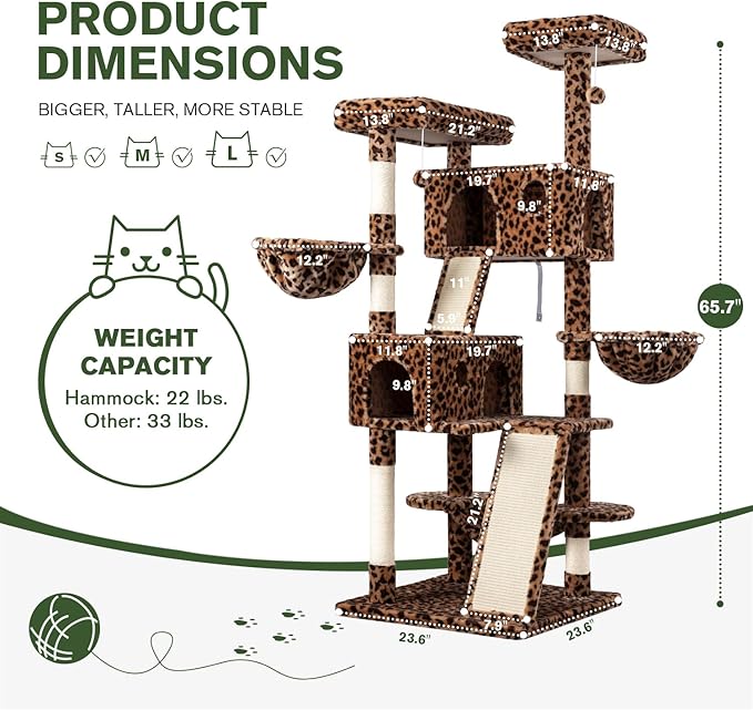 MUTICOR 66" Multi-Level Cat Tree — Plush Perches, Condo, Hammock & Sisal Posts for Large Indoor Cats (Leopard Print)