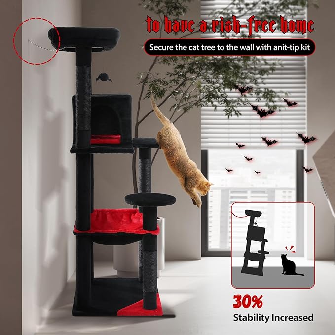 PETEPELA Gothic Black Cat Tree — 56" Tall Tower with Super Large Hammock, Condo & Sisal Posts (Halloween & Dark Decor)