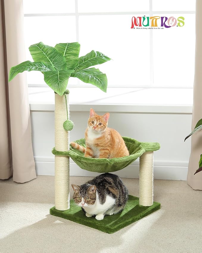 Small Cat Tree — 28" Boho Cat Tower with Coconut Leaves, Hammock, Sisal Posts & Dangling Ball (Green)