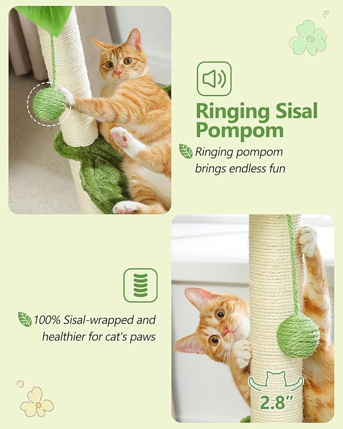 Small Cat Tree — 28" Boho Cat Tower with Coconut Leaves, Hammock, Sisal Posts & Dangling Ball (Green)