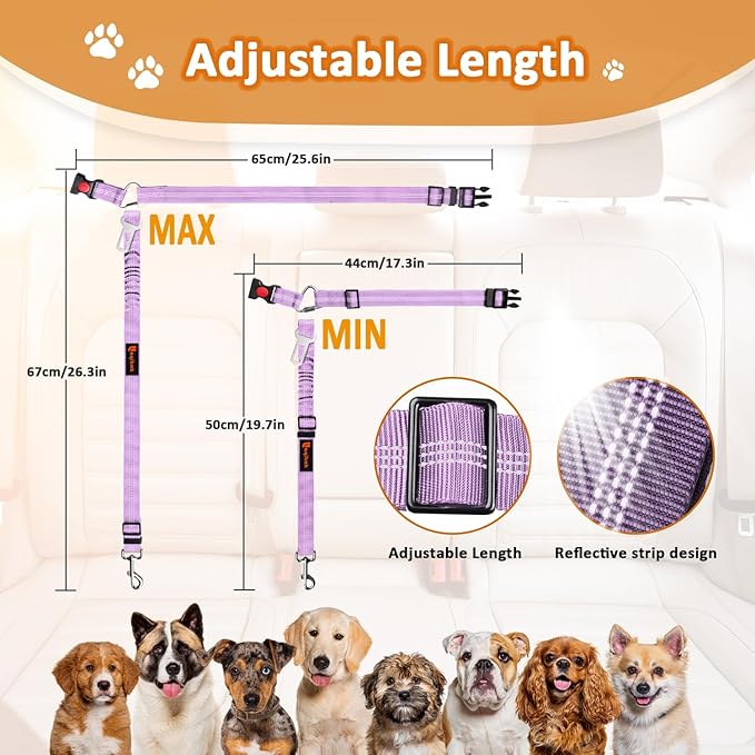 3-in-1 Dog Car Seat Belt Harness – Reflective Bungee Leash & Headrest Tether (2-Pack, Black & Purple)