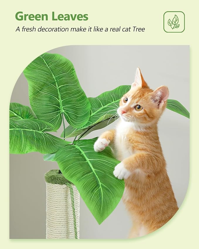 Small Cat Tree — 28" Boho Cat Tower with Coconut Leaves, Hammock, Sisal Posts & Dangling Ball (Green)
