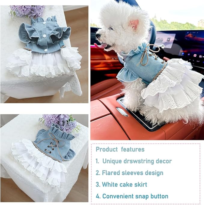Retro Denim Dog & Cat Dress | Flared Sleeves & Layered Cake Skirt for Small Breeds