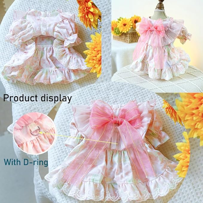 Princess Pink Dog & Cat Dress | Bubble Sleeves, Bow Detail & Built-In Leash Ring
