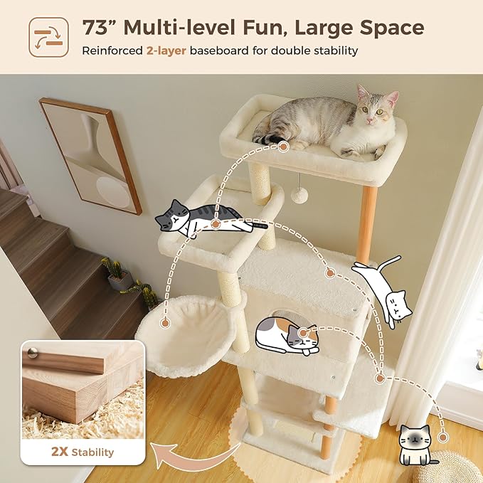 PAWZ Road 73" Large Cat Tree — Wooden Tower with Hammocks, Perches & Sisal Scratching Posts for Indoor Cats