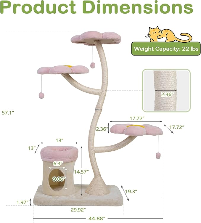 The Floral Cat Tree — 57" Pink Aesthetic Cat Tower with Steel Frame & 5 Levels (Large Cats)