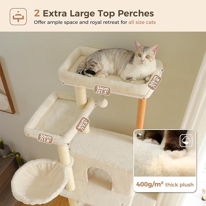 PAWZ Road 73" Large Cat Tree — Wooden Tower with Hammocks, Perches & Sisal Scratching Posts for Indoor Cats