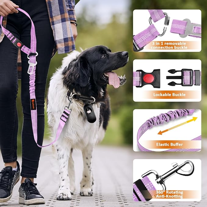 3-in-1 Dog Car Seat Belt Harness – Reflective Bungee Leash & Headrest Tether (2-Pack, Black & Purple)