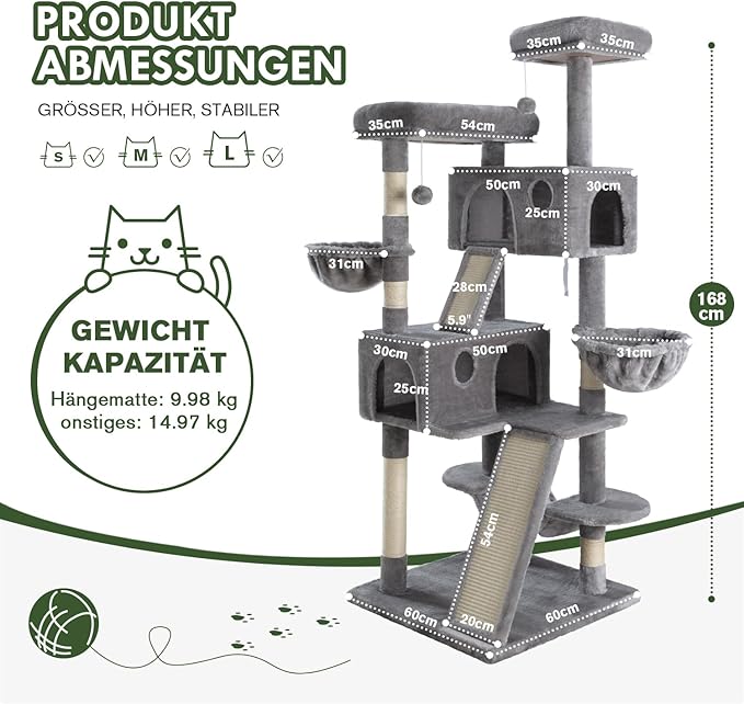 MUTICOR 66" Multi-Level Cat Tree — Plush Perches, Condo, Hammock & Sisal Posts for Large Indoor Cats (Grey)