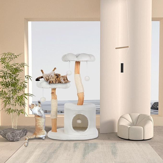 Sculptural Wood Flower Cat Tree — 40" Luxury Cat Tower with Solid Wood Blooms, Condo & Sisal Posts (Alpine White)