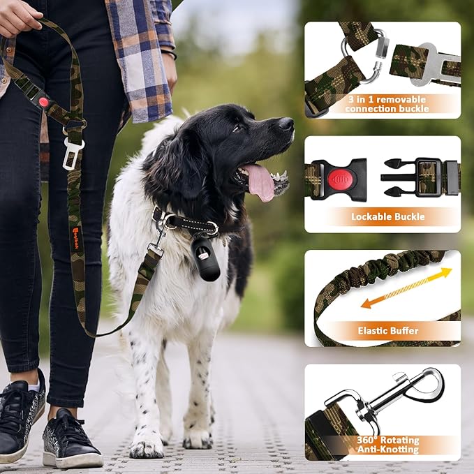 3-in-1 Dog Car Seat Belt Harness – Reflective Bungee Leash & Headrest Tether (2-Pack, Camouflage)