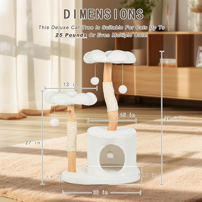 Sculptural Wood Flower Cat Tree — 40" Luxury Cat Tower with Solid Wood Blooms, Condo & Sisal Posts (Alpine White)