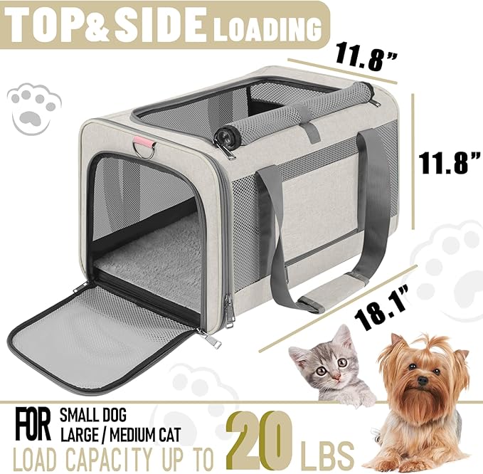 Soft-Sided Pet Travel Carrier | Up to 20 lbs | 5-Sided Mesh Ventilation | Beige