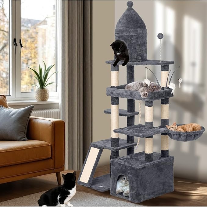 72" Heavy-Duty Large Cat Tree Tower — Sisal Posts, Oversized Perch, Basket & Interactive Toys (Dark Grey)