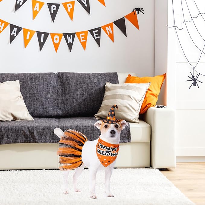 Halloween Dog Costume Set | Bandana, Hat & Tutu Skirt (3-Piece) | Size S