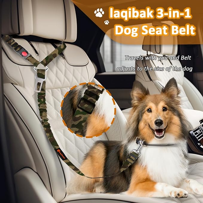 3-in-1 Dog Car Seat Belt Harness – Reflective Bungee Leash & Headrest Tether (2-Pack, Camouflage)
