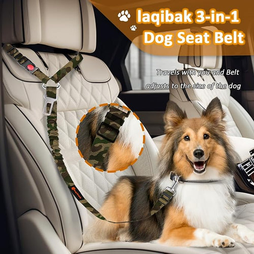 3-in-1 Dog Car Seat Belt Harness – Reflective Bungee Leash & Headrest Tether (2-Pack, Camouflage)