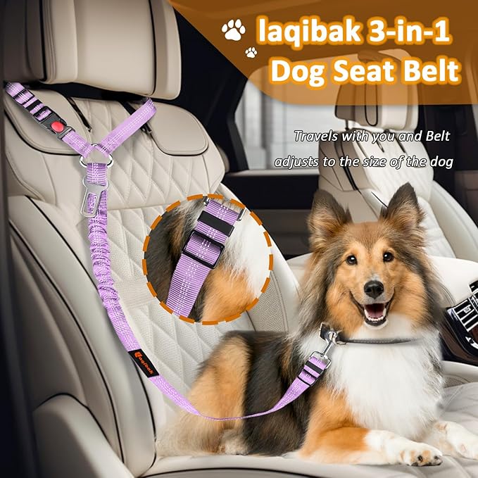 3-in-1 Dog Car Seat Belt Harness – Reflective Bungee Leash & Headrest Tether (2-Pack, Purple)