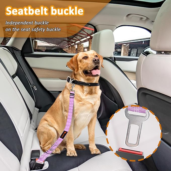 3-in-1 Dog Car Seat Belt Harness – Reflective Bungee Leash & Headrest Tether (2-Pack, Purple)