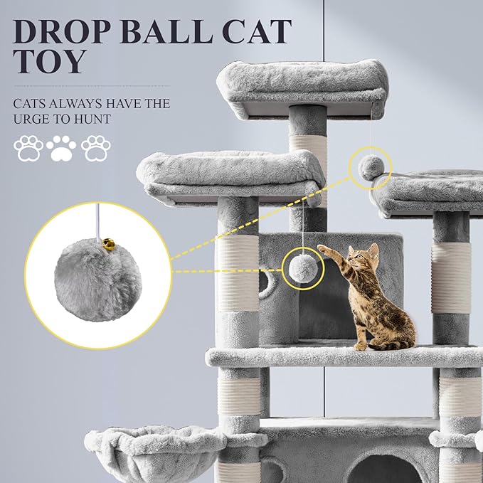 Allewie 68" Large Cat Tree — Multi-Level Climbing Tower with Condo, Sisal Posts & Plush Perches (Light Grey)
