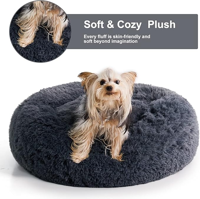 Calming Anti-Anxiety Donut Dog Bed | Fluffy Faux Fur Cushion