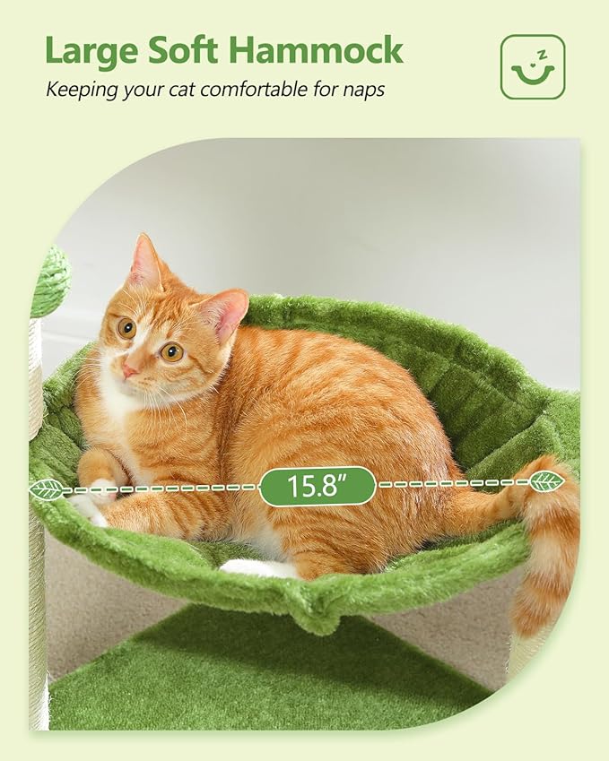 Small Cat Tree — 28" Boho Cat Tower with Coconut Leaves, Hammock, Sisal Posts & Dangling Ball (Green)
