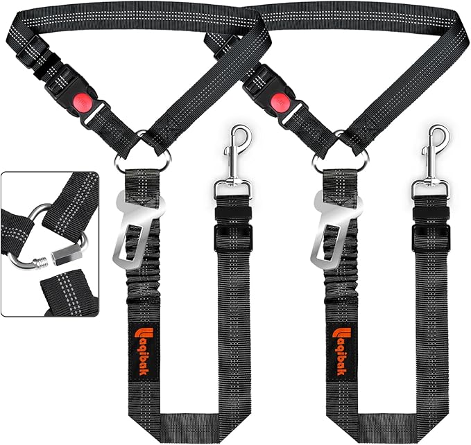 3-in-1 Dog Car Seat Belt Harness – Reflective Bungee Leash & Headrest Tether (2-Pack, Black)