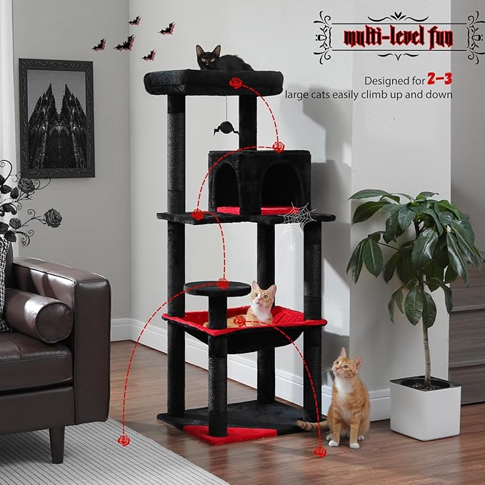 PETEPELA Gothic Black Cat Tree — 56" Tall Tower with Super Large Hammock, Condo & Sisal Posts (Halloween & Dark Decor)
