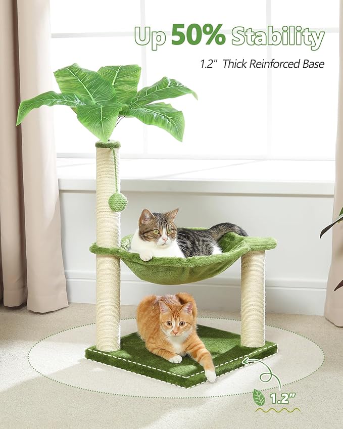 Small Cat Tree — 28" Boho Cat Tower with Coconut Leaves, Hammock, Sisal Posts & Dangling Ball (Green)