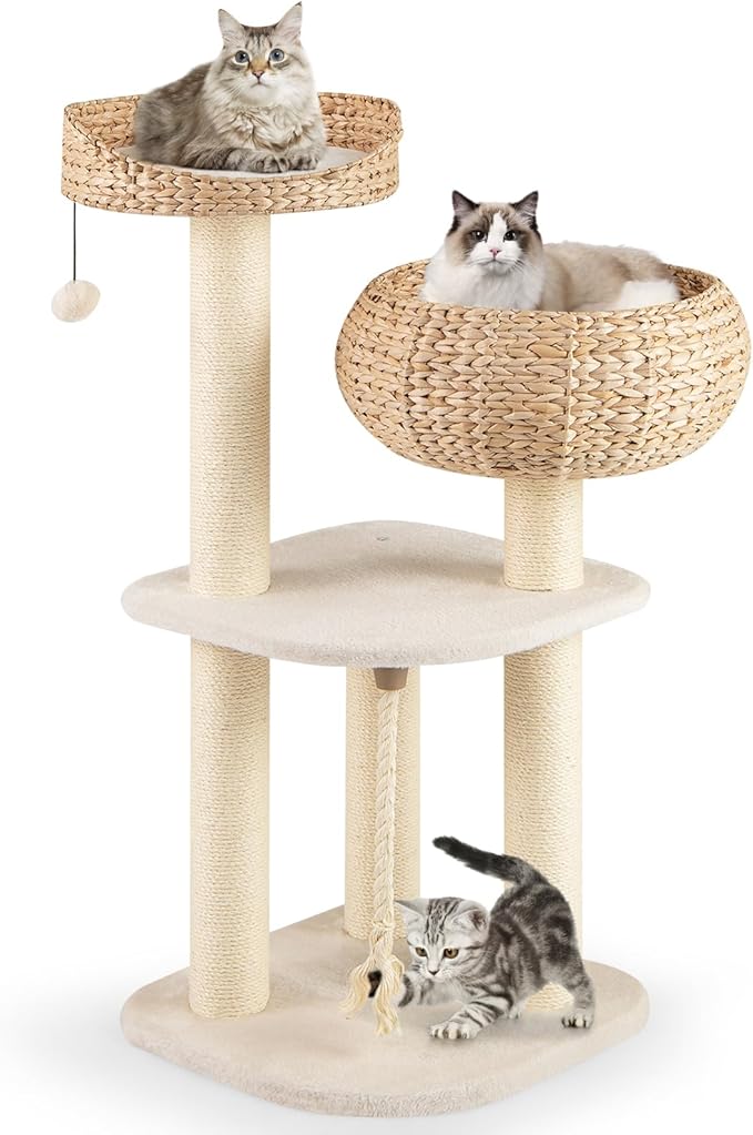 Tangkula Modern Cat Tree — Handmade Wicker Condo, Sisal Posts, Top Perch & Hanging Toy (41")