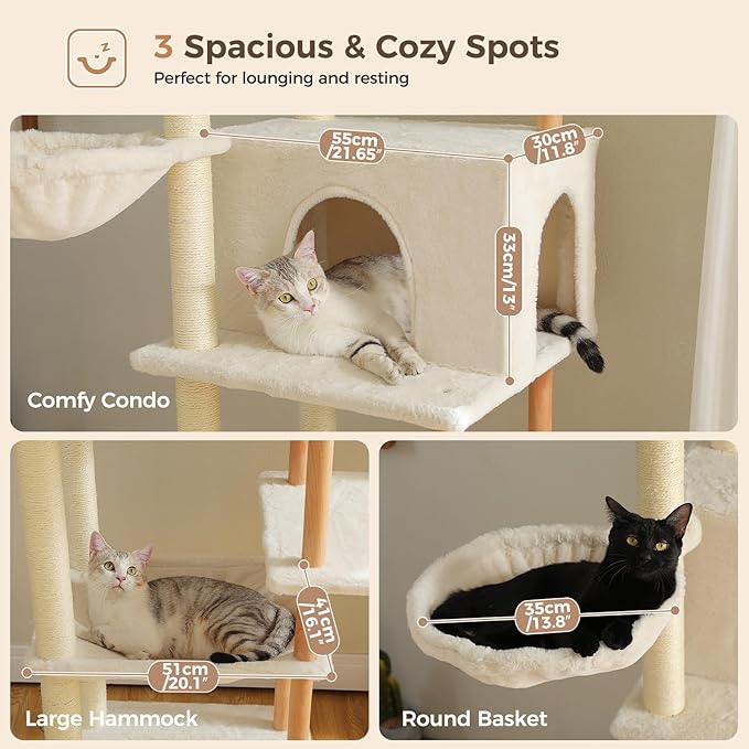 PAWZ Road 73" Large Cat Tree — Wooden Tower with Hammocks, Perches & Sisal Scratching Posts for Indoor Cats