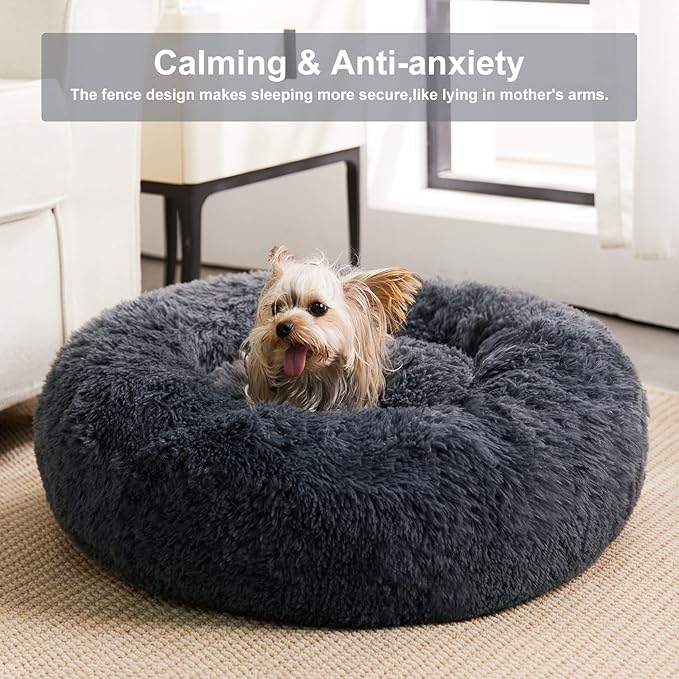 Calming Anti-Anxiety Donut Dog Bed | Fluffy Faux Fur Cushion