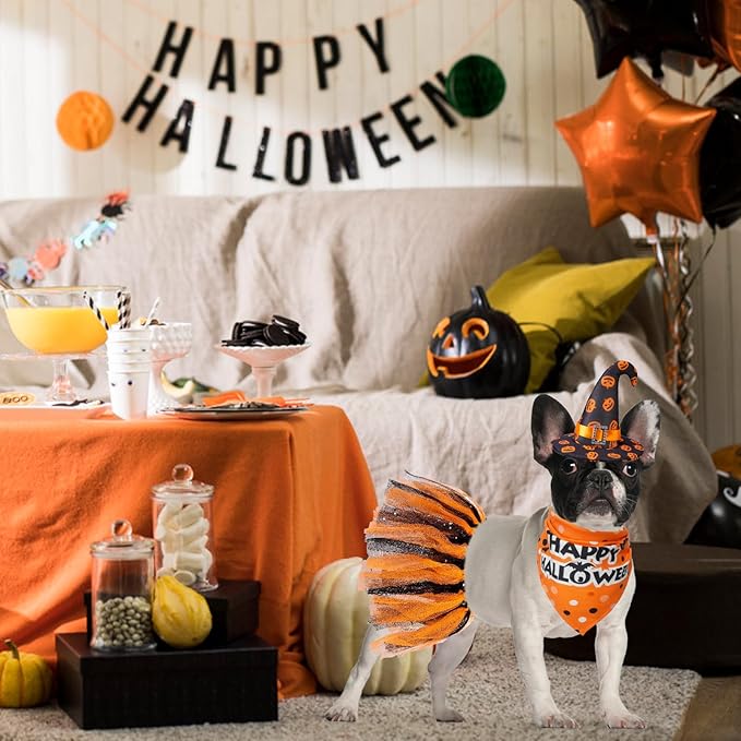 Halloween Dog Costume Set | Bandana, Hat & Tutu Skirt (3-Piece) | Size S