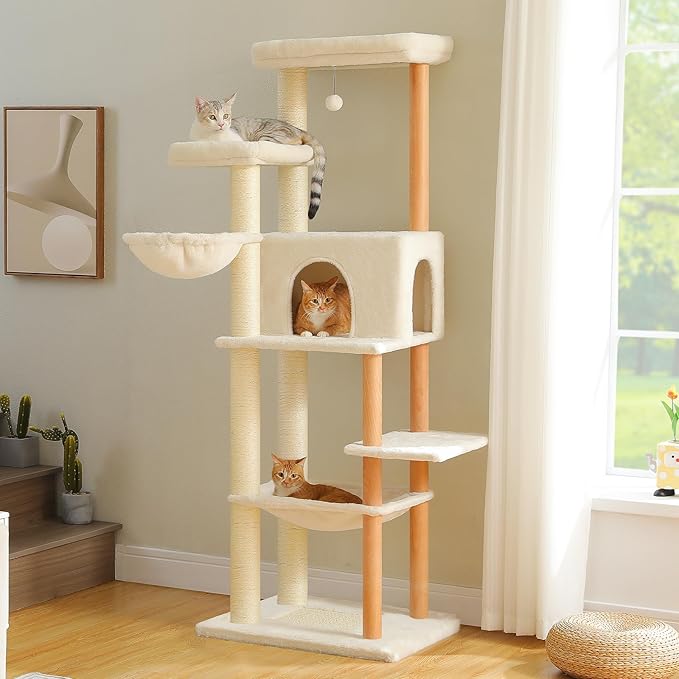 PAWZ Road 73" Large Cat Tree — Wooden Tower with Hammocks, Perches & Sisal Scratching Posts for Indoor Cats