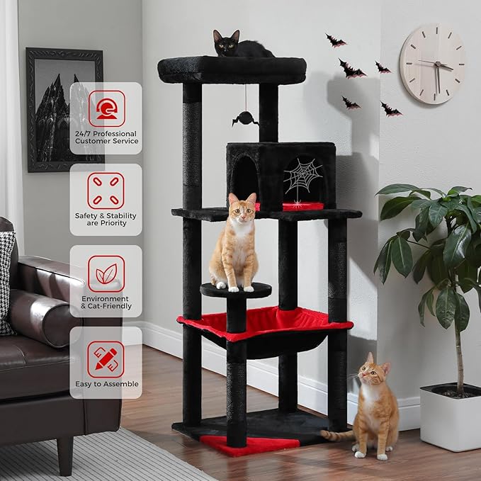 PETEPELA Gothic Black Cat Tree — 56" Tall Tower with Super Large Hammock, Condo & Sisal Posts (Halloween & Dark Decor)
