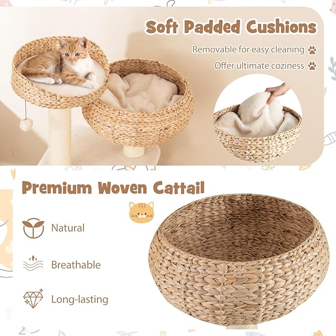 Tangkula Modern Cat Tree — Handmade Wicker Condo, Sisal Posts, Top Perch & Hanging Toy (41")