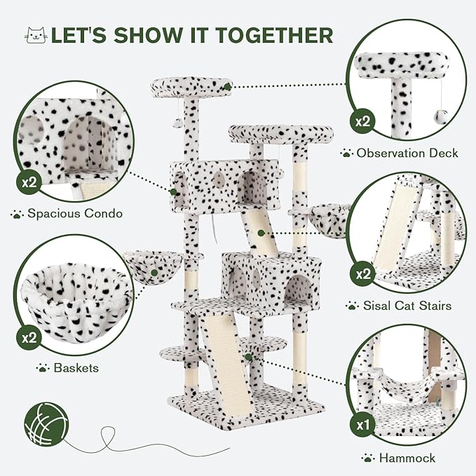 MUTICOR 66" Multi-Level Cat Tree — Plush Perches, Condo, Hammock & Sisal Posts for Large Indoor Cats (White & Black)