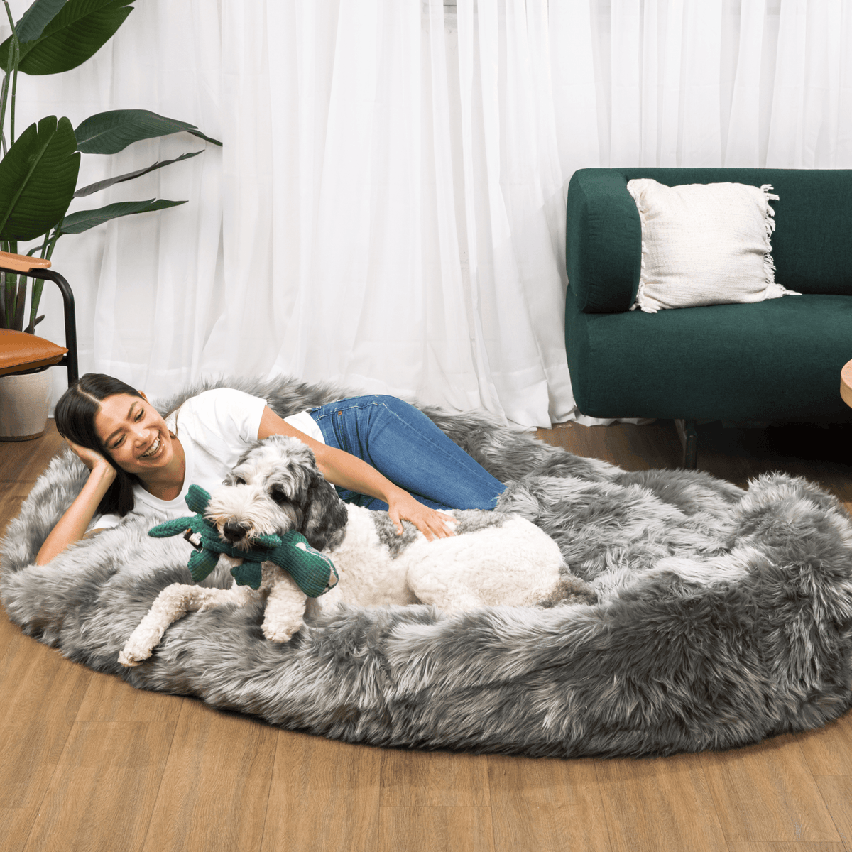 PupCloud™ Human-Size Faux Fur Memory Foam Dog Bed — Charcoal Grey