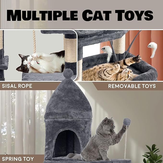 72" Heavy-Duty Large Cat Tree Tower — Sisal Posts, Oversized Perch, Basket & Interactive Toys (Dark Grey)