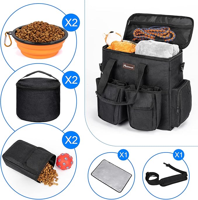 Airline-Approved Dog Travel Bag Set | 8-Piece Kit with Treat Pouches, Bowls & Placemat | Black