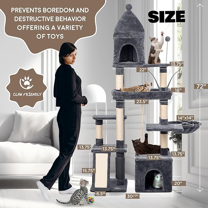 72" Heavy-Duty Large Cat Tree Tower — Sisal Posts, Oversized Perch, Basket & Interactive Toys (Dark Grey)