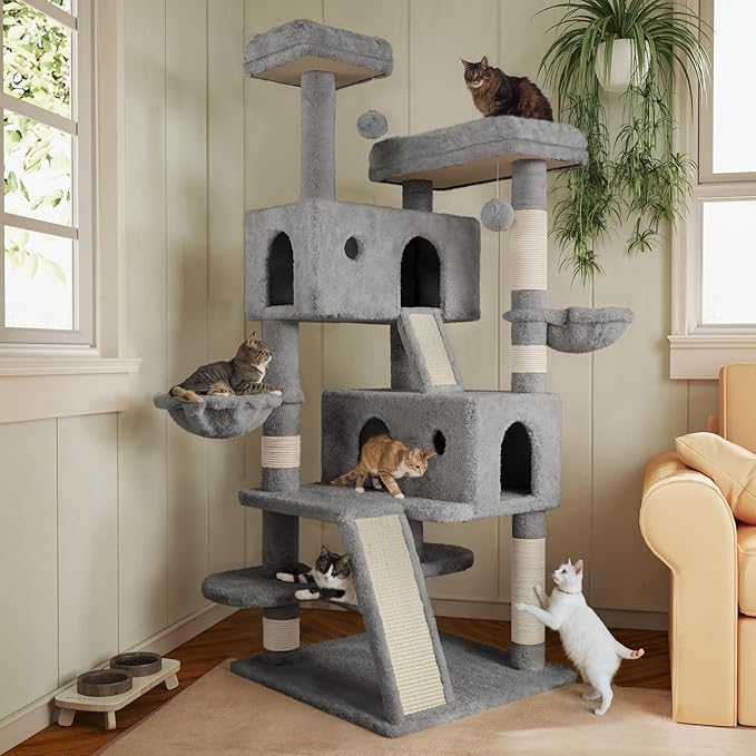 MUTICOR 66" Multi-Level Cat Tree — Plush Perches, Condo, Hammock & Sisal Posts for Large Indoor Cats (Grey)