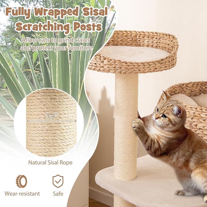 Tangkula Modern Cat Tree — Handmade Wicker Condo, Sisal Posts, Top Perch & Hanging Toy (41")