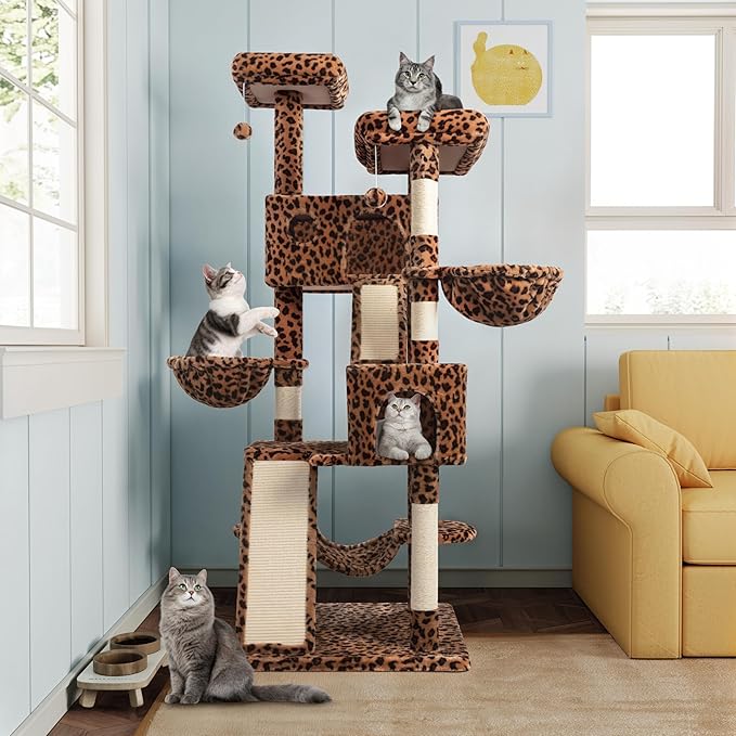 MUTICOR 66" Multi-Level Cat Tree — Plush Perches, Condo, Hammock & Sisal Posts for Large Indoor Cats (Leopard Print)
