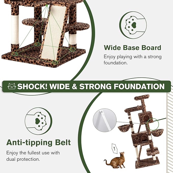 MUTICOR 66" Multi-Level Cat Tree — Plush Perches, Condo, Hammock & Sisal Posts for Large Indoor Cats (Leopard Print)