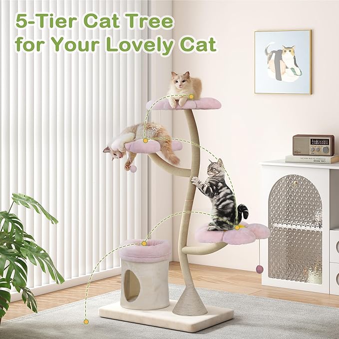 The Floral Cat Tree — 57" Pink Aesthetic Cat Tower with Steel Frame & 5 Levels (Large Cats)