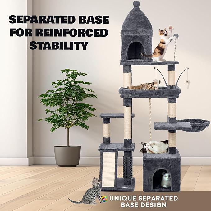 72" Heavy-Duty Large Cat Tree Tower — Sisal Posts, Oversized Perch, Basket & Interactive Toys (Dark Grey)